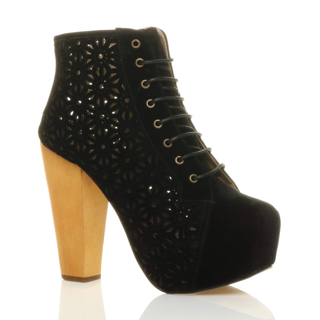 Womens High Wooden Heel Cut Out Platform Ankle Boots