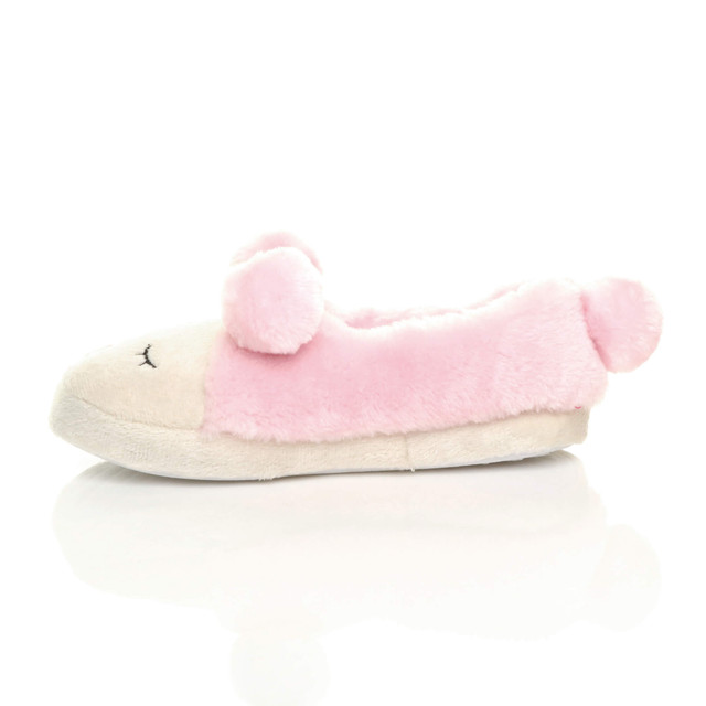 Left side view of Baby Pink Fur Flat Faux Fur Pom Pom Bear Face Slippers