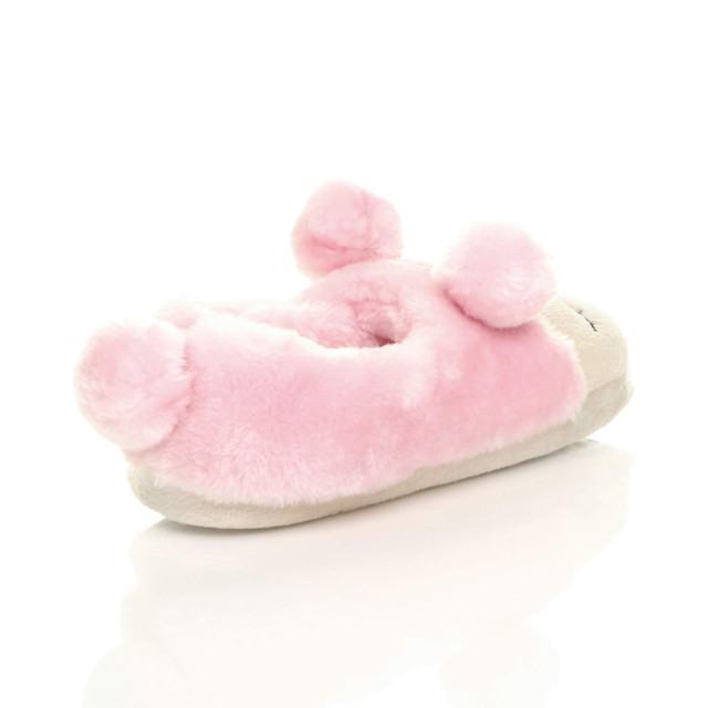 Back right side view of Baby Pink Fur Flat Faux Fur Pom Pom Bear Face Slippers
