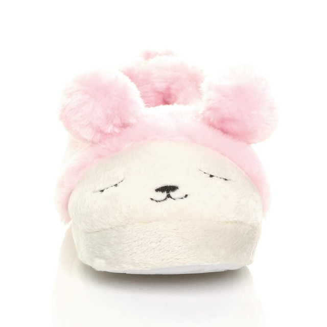 Front view of Baby Pink Fur Flat Faux Fur Pom Pom Bear Face Slippers
