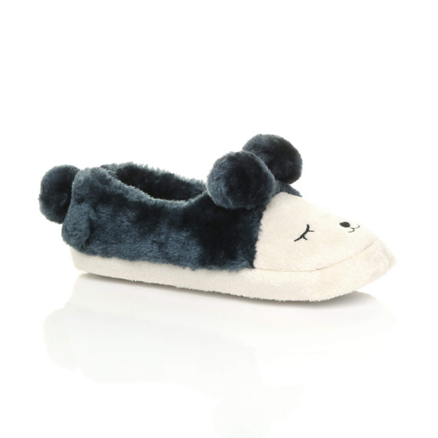 Front right side view of Navy Fur Flat Faux Fur Pom Pom Bear Face Slippers