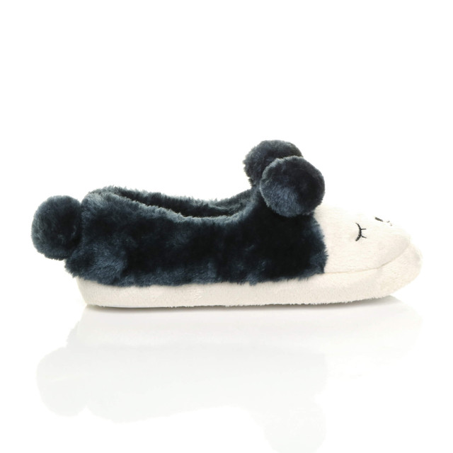 Right side view of Navy Fur Flat Faux Fur Pom Pom Bear Face Slippers