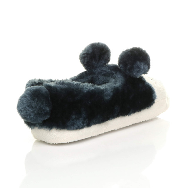 Back right side view of Navy Fur Flat Faux Fur Pom Pom Bear Face Slippers