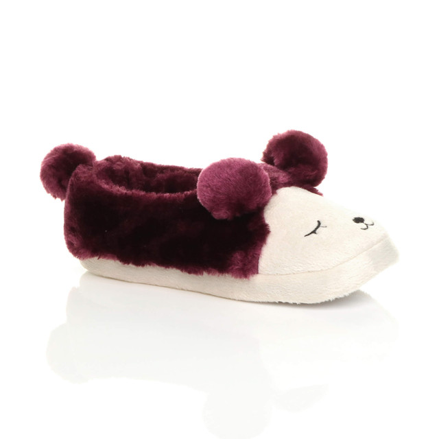Womens Flat Faux Fur Pom Pom Bear Face Slippers