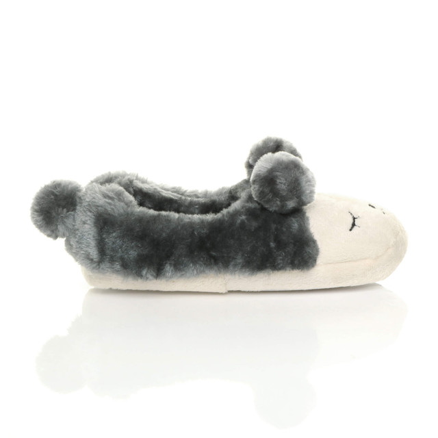 Right side view of Grey Fur Flat Faux Fur Pom Pom Bear Face Slippers
