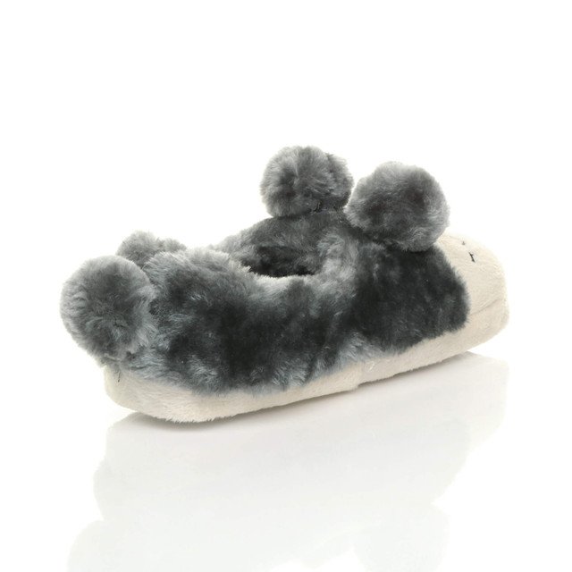 Back right side view of Grey Fur Flat Faux Fur Pom Pom Bear Face Slippers