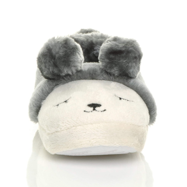 Front view of Grey Fur Flat Faux Fur Pom Pom Bear Face Slippers