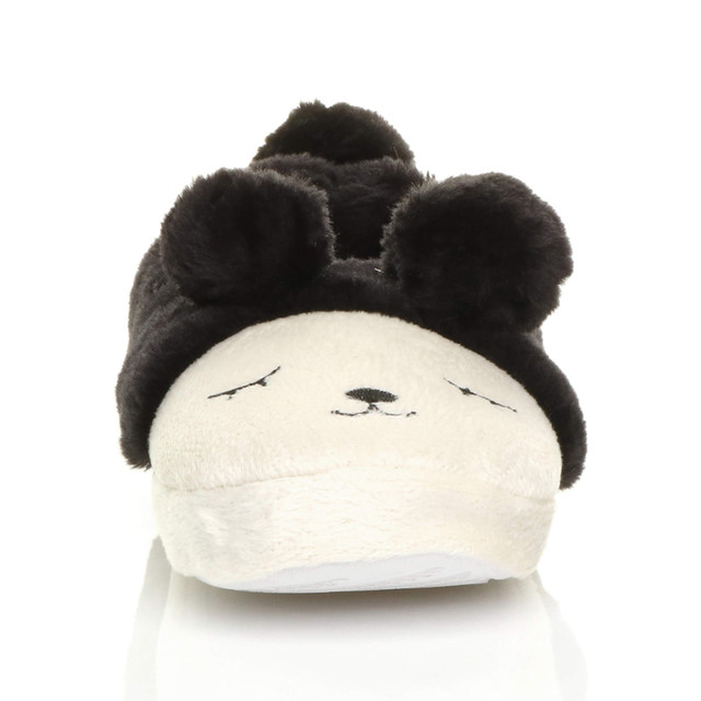 Front view of Black Fur Flat Faux Fur Pom Pom Bear Face Slippers