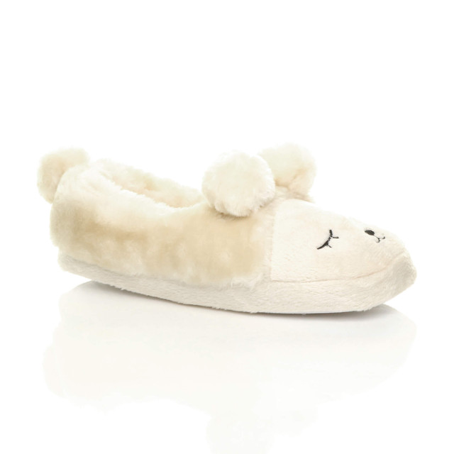 Front right side view of Cream Fur Flat Faux Fur Pom Pom Bear Face Slippers