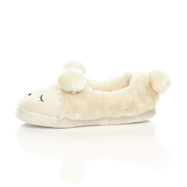 Left side view of Cream Fur Flat Faux Fur Pom Pom Bear Face Slippers