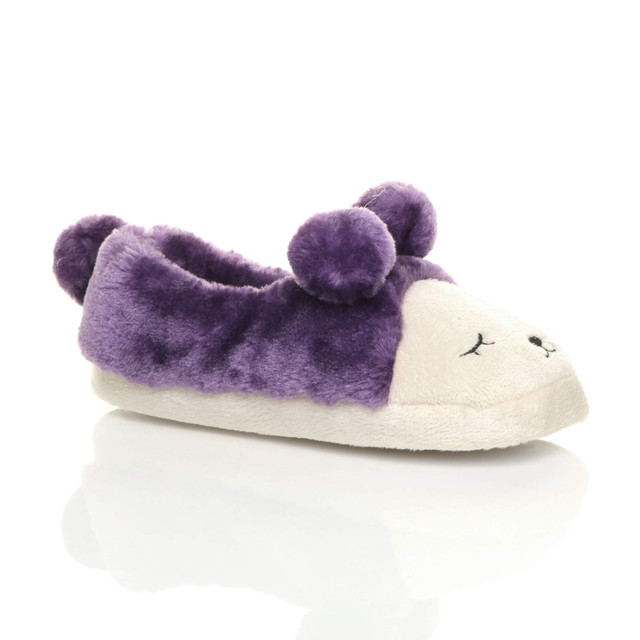 Front right side view of Purple Fur Flat Faux Fur Pom Pom Bear Face Slippers