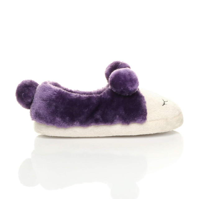 Right side view of Purple Fur Flat Faux Fur Pom Pom Bear Face Slippers