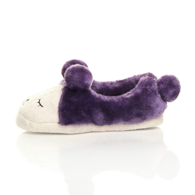 Left side view of Purple Fur Flat Faux Fur Pom Pom Bear Face Slippers