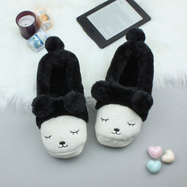 Black Fur Flat Faux Fur Pom Pom Bear Face Slippers