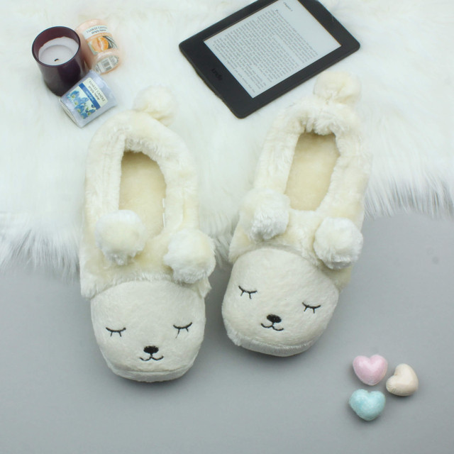 Cream Fur Flat Faux Fur Pom Pom Bear Face Slippers