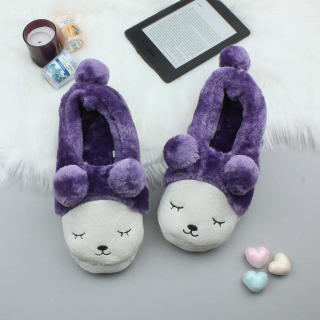 Purple Fur Flat Faux Fur Pom Pom Bear Face Slippers