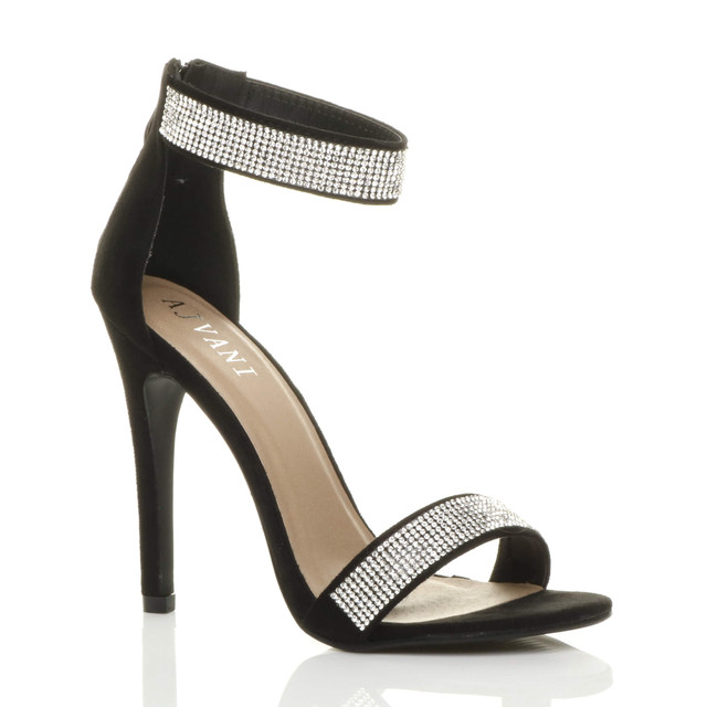 Front right side view of Black Suede High Heel Diamante Ankle Strap Sandals