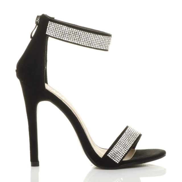 Right side view of Black Suede High Heel Diamante Ankle Strap Sandals