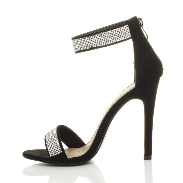 Left side view of Black Suede High Heel Diamante Ankle Strap Sandals