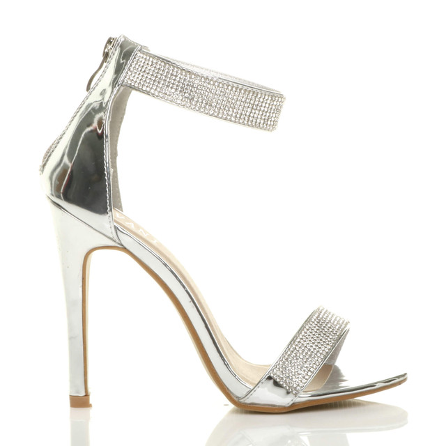 Right side view of Silver Patent High Heel Diamante Ankle Strap Sandals