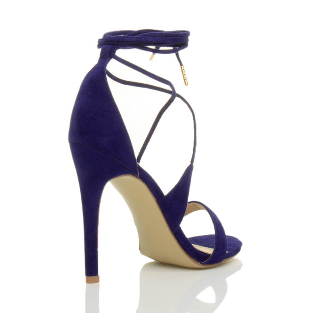 Back right side view of Blue Suede High Heel Lace Up Barely There Sandals