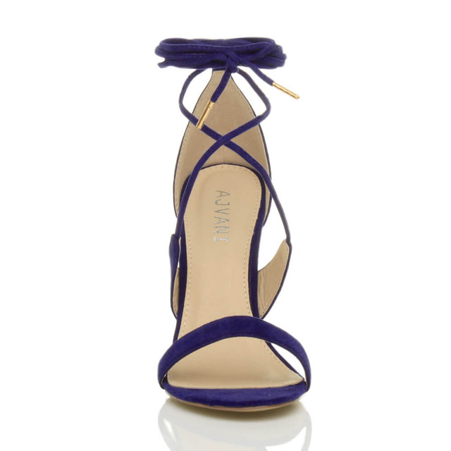 Front view of Blue Suede High Heel Lace Up Barely There Sandals