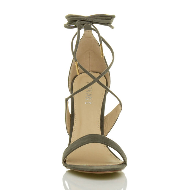 Front view of Khaki Suede High Heel Lace Up Barely There Sandals