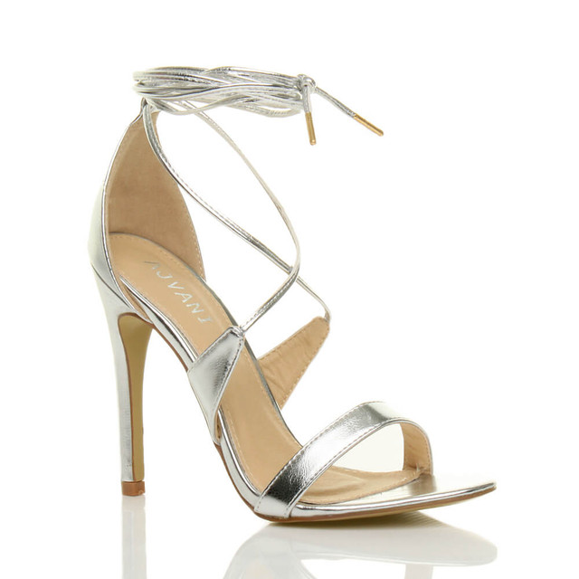 Front right side view of Silver PU High Heel Lace Up Barely There Sandals