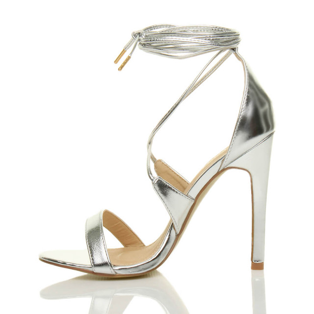 Left side view of Silver PU High Heel Lace Up Barely There Sandals