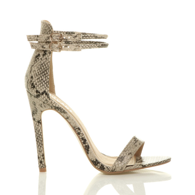 Right side view of Beige Snake PU High Heel Strappy Barely There Sandals