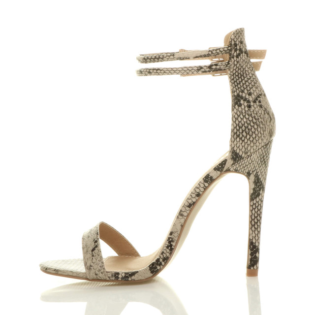Left side view of Beige Snake PU High Heel Strappy Barely There Sandals