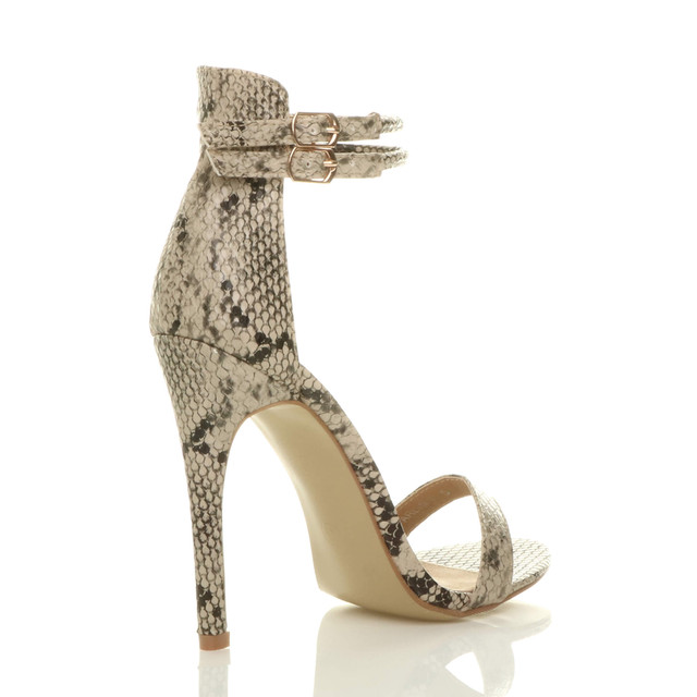 Back right side view of Beige Snake PU High Heel Strappy Barely There Sandals