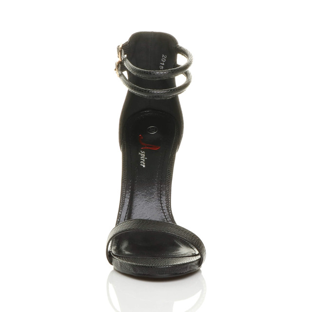 Front view of Black Lizard PU High Heel Strappy Barely There Sandals