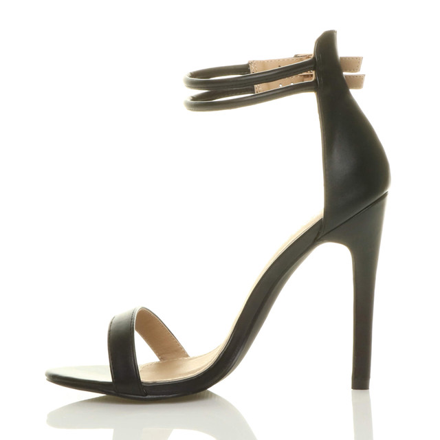 Left side view of Black PU High Heel Strappy Barely There Sandals