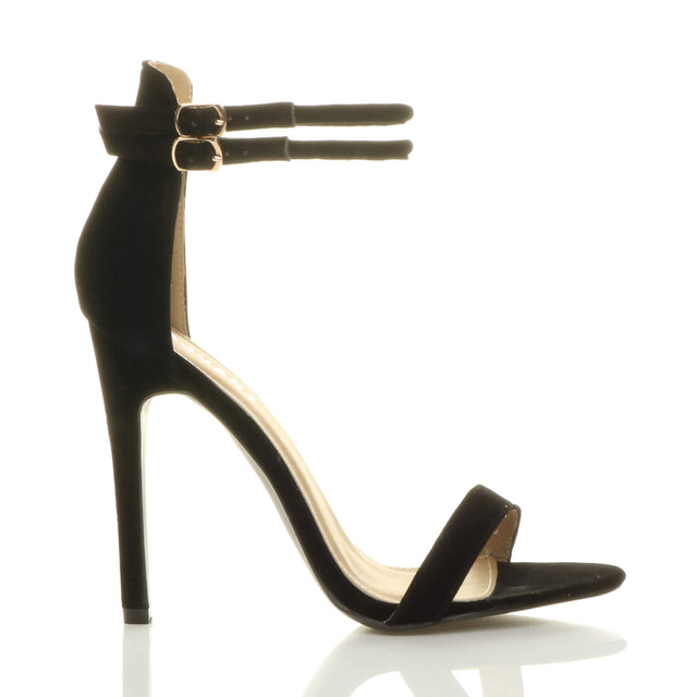 Right side view of Black Suede High Heel Strappy Barely There Sandals
