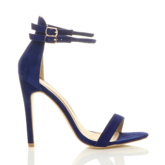 Right side view of Blue Suede High Heel Strappy Barely There Sandals