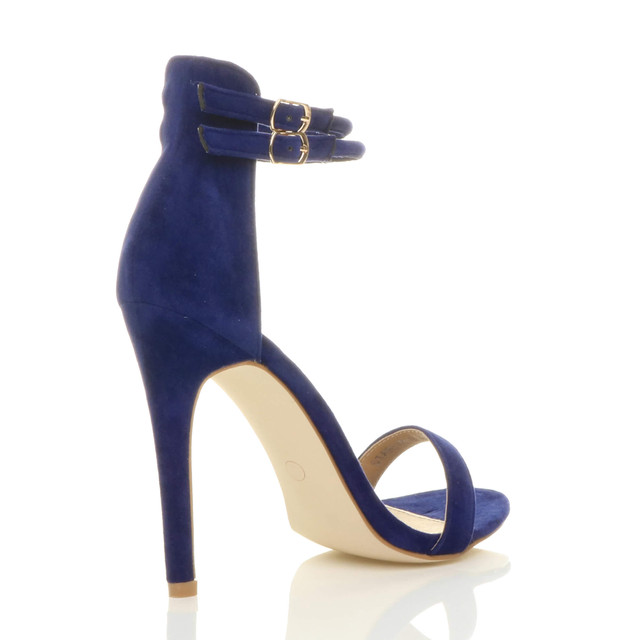 Back right side view of Blue Suede High Heel Strappy Barely There Sandals
