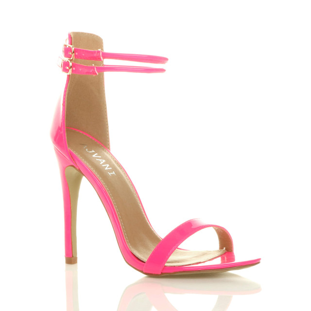 Front right side view of Neon Fuchsia Patent High Heel Strappy Barely There Sandals
