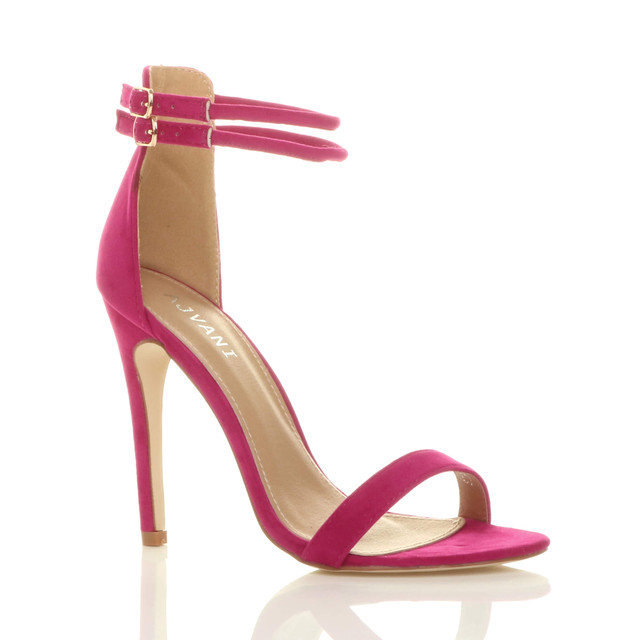 Front right side view of Fuchsia Pink Suede High Heel Strappy Barely There Sandals