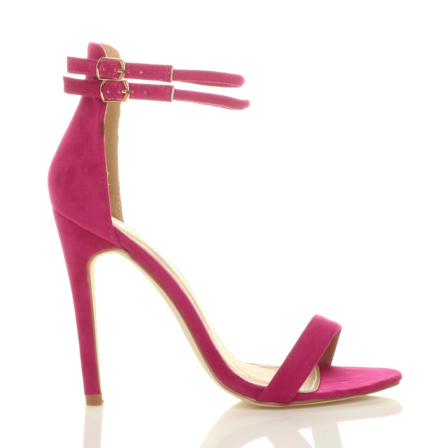 Right side view of Fuchsia Pink Suede High Heel Strappy Barely There Sandals