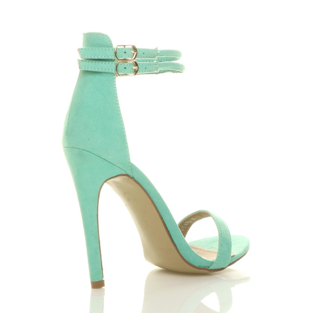Back right side view of Mint Suede High Heel Strappy Barely There Sandals
