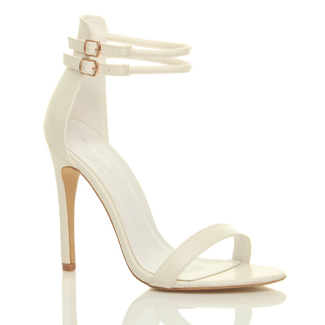 Front right side view of White Lizard PU High Heel Strappy Barely There Sandals
