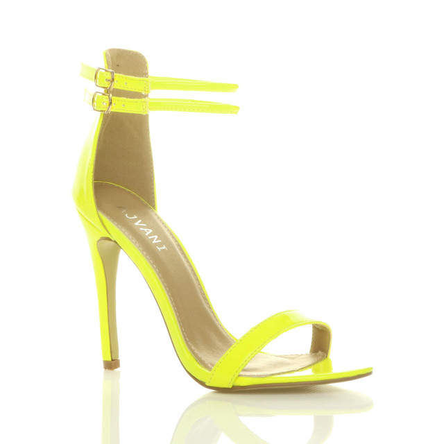 Front right side view of Neon Yellow Patent High Heel Strappy Barely There Sandals