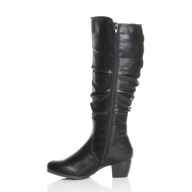 Left side view of Black PU Mid Cuban Heel Ruched Slouch Calf Boots