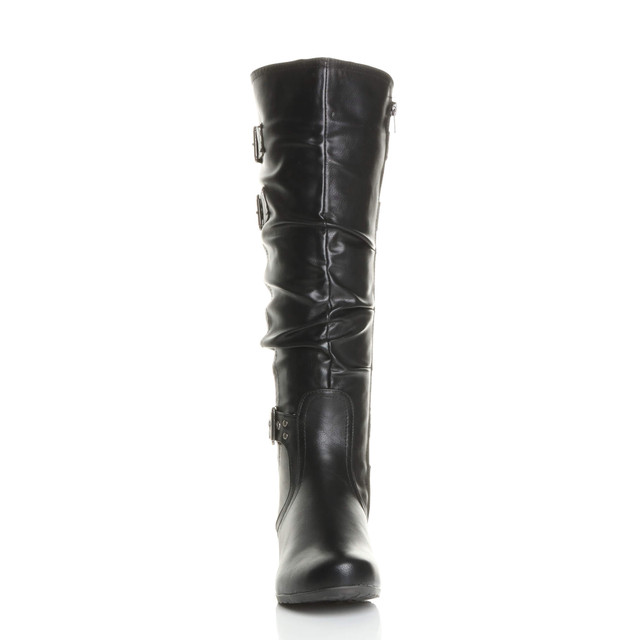 Front view of Black PU Mid Cuban Heel Ruched Slouch Calf Boots