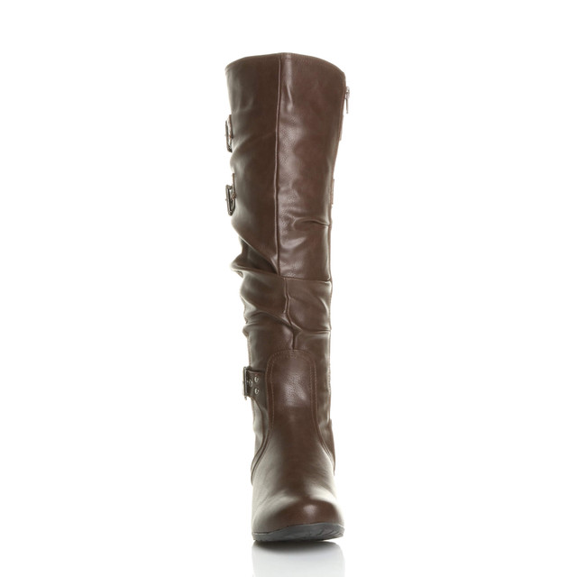 Front view of Brown PU Mid Cuban Heel Ruched Slouch Calf Boots