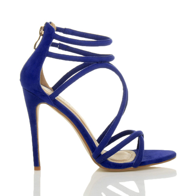 Right side view of Blue Suede High Heel Strappy Crossover Barely There Sandals