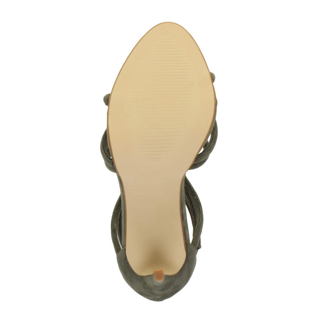 Bottom view of the sole of Khaki Suede High Heel Strappy Crossover Barely There Sandals