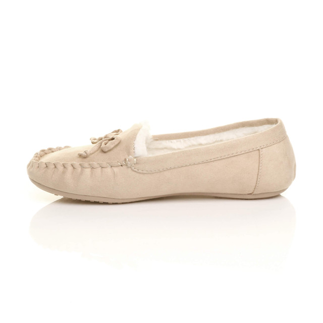 Left side view of Beige Suede Fur Lined Luxury Flexible Moccasins Slippers