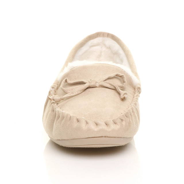 Front view of Beige Suede Fur Lined Luxury Flexible Moccasins Slippers
